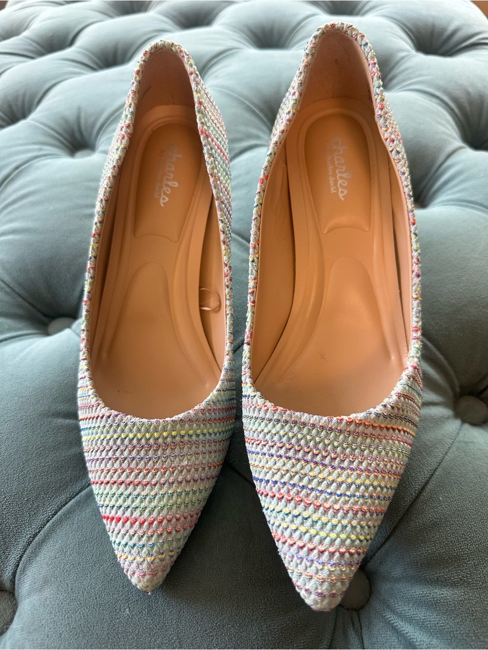 Charles David Pointed Toe Heels in Woven Multicolored Pastel
